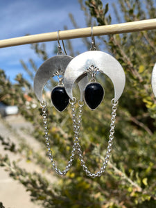 Crescent Moon Chain Loop Earrings—Black Onyx