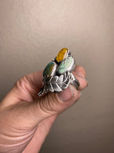 Load image into Gallery viewer, Cluster Ring - Sky Song Turquoise, Mexican Amber &amp;  Variscite (size 7.5)