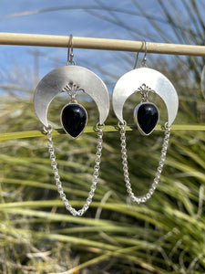 Crescent Moon Chain Loop Earrings—Black Onyx