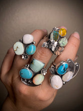 Load image into Gallery viewer, Cluster Ring - Sky Song Turquoise, Mexican Amber &amp;  Variscite (size 7.5)