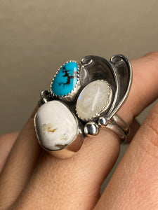 Cluster Ring - Moonstone, White Buffalo, Turquoise (size 8.5)