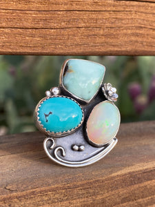 Cluster Ring - Aloe Variscite, Opal & Turquoise (size 9.5)