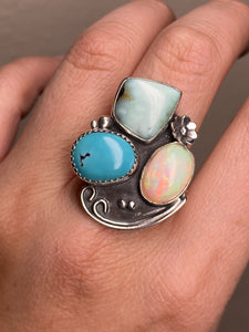 Cluster Ring - Aloe Variscite, Opal & Turquoise (size 9.5)