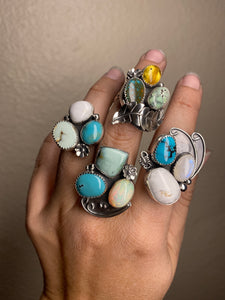 Cluster Ring - Moonstone, White Buffalo, Turquoise (size 8.5)