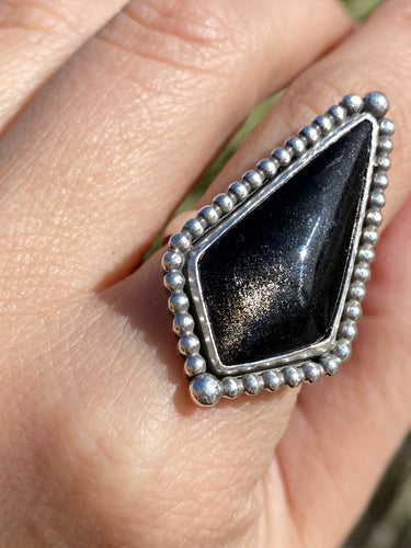 Gold Sheen Obsidian Ring (Beaded)—size 7.5