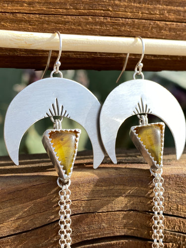 Crescent Moon Chain Dangle Earrings—Amber Triangles