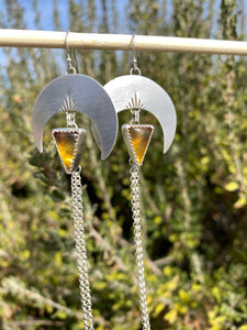 Crescent Moon Chain Dangle Earrings—Amber Triangles