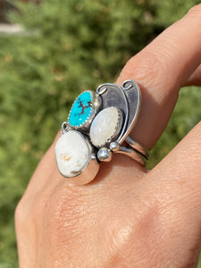 Cluster Ring - Moonstone, White Buffalo, Turquoise (size 8.5)