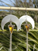 Load image into Gallery viewer, Crescent Moon Chain Dangle Earrings—Amber Triangles