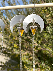 Crescent Moon Chain Dangle Earrings—Amber Triangles