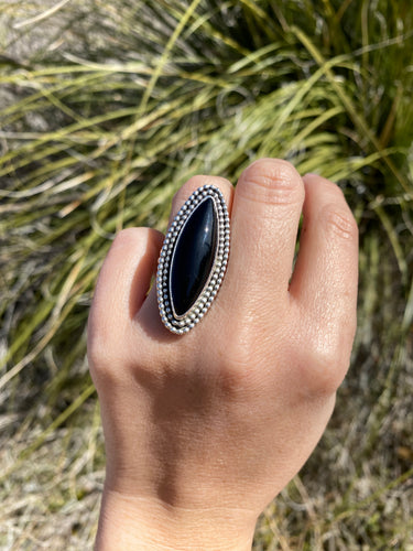 Double Beaded Black Onyx Marquis Ring—size 7