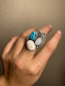 Cluster Ring - Moonstone, White Buffalo, Turquoise (size 8.5)