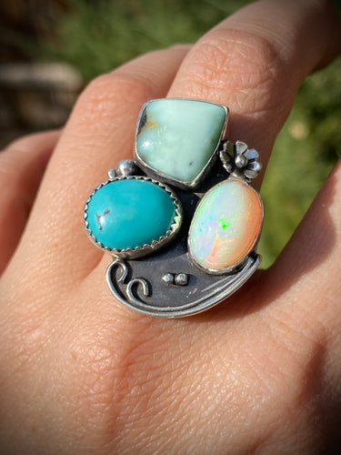 Cluster Ring - Aloe Variscite, Opal & Turquoise (size 9.5)