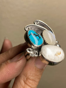 Cluster Ring - Moonstone, White Buffalo, Turquoise (size 8.5)