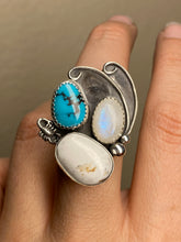 Load image into Gallery viewer, Cluster Ring - Moonstone, White Buffalo, Turquoise (size 8.5)