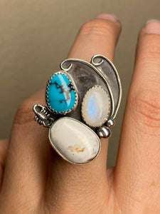 Cluster Ring - Moonstone, White Buffalo, Turquoise (size 8.5)