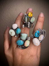 Load image into Gallery viewer, Cluster Ring - Sky Song Turquoise, Mexican Amber &amp;  Variscite (size 7.5)