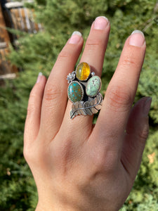 Cluster Ring - Sky Song Turquoise, Mexican Amber &  Variscite (size 7.5)