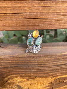 Cluster Ring - Sky Song Turquoise, Mexican Amber &  Variscite (size 7.5)