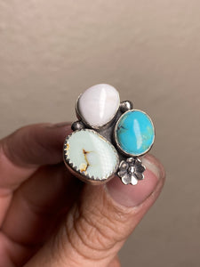 Cluster Ring - White Buffalo, Turquoise & Aloe Variscite (size 6.5)