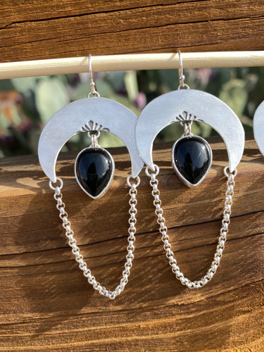 Crescent Moon Chain Loop Earrings—Black Onyx