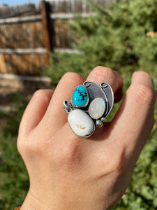 Cluster Ring - Moonstone, White Buffalo, Turquoise (size 8.5)