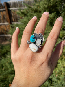 Cluster Ring - Moonstone, White Buffalo, Turquoise (size 8.5)