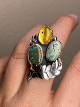 Load image into Gallery viewer, Cluster Ring - Sky Song Turquoise, Mexican Amber &amp;  Variscite (size 7.5)