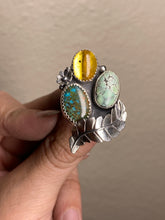 Load image into Gallery viewer, Cluster Ring - Sky Song Turquoise, Mexican Amber &amp;  Variscite (size 7.5)