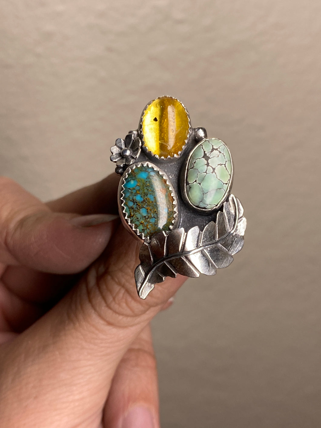 Cluster Ring - Sky Song Turquoise, Mexican Amber &  Variscite (size 7.5)