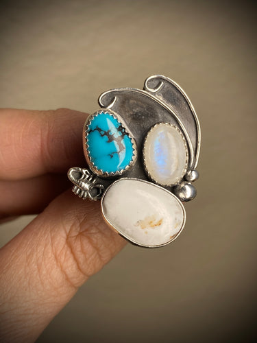 Cluster Ring - Moonstone, White Buffalo, Turquoise (size 8.5)