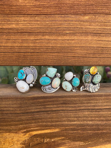 Cluster Ring - Moonstone, White Buffalo, Turquoise (size 8.5)