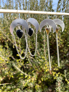 Crescent Moon Chain Dangle Earrings—Amber Triangles