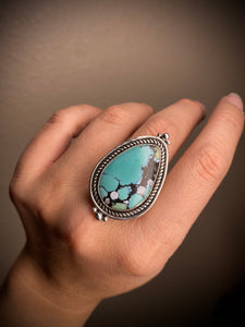 Snowlake Turquoise Teardrop Ring - size 10