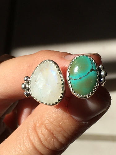 Rose cut Moonstone and Hubei turquoise DBL ring - size 8/9