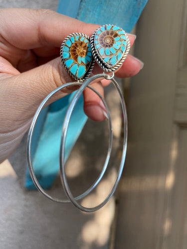 Turquoise Inlay Ammonite Post Hoops