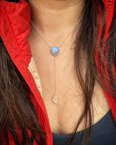 Round Moonstone with Rose Quartz Lariat Necklace