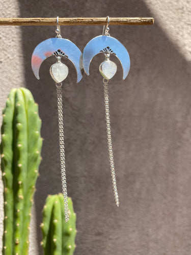 Crescent Moon Moonstone Chain Dangles—Flowers