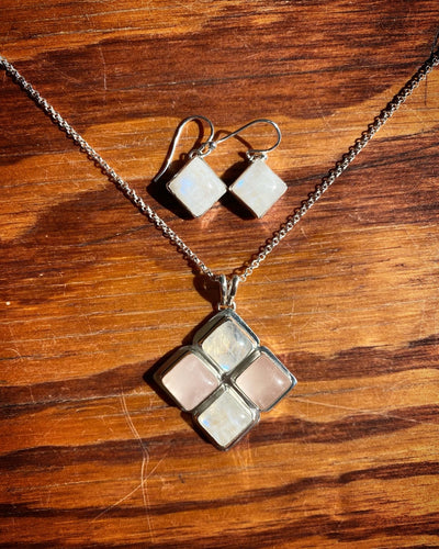 Moonstone and Rose Quartz Square Cluster Necklace + Earrings Set