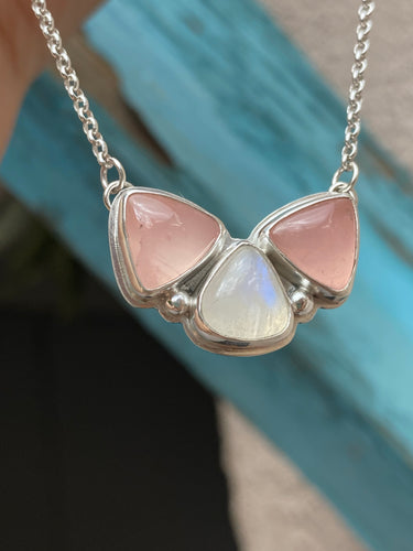 Rose Quartz and Moonstone Cluster Necklace + Triangle Studs Set