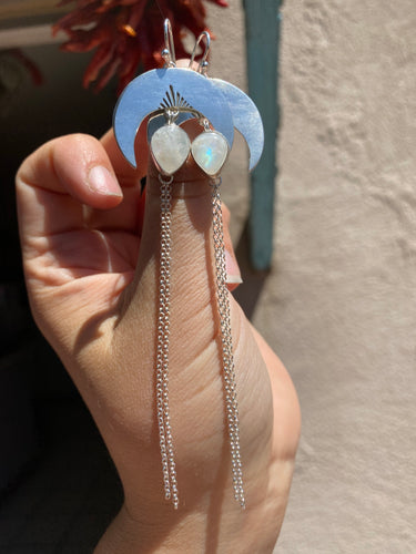 Crescent Moon Moonstone Chain Dangles—Sun Rays