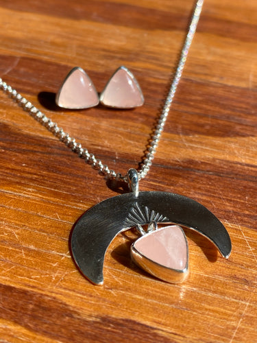 Rose Quartz Crescent Moon Necklace + Triangle Studs Set